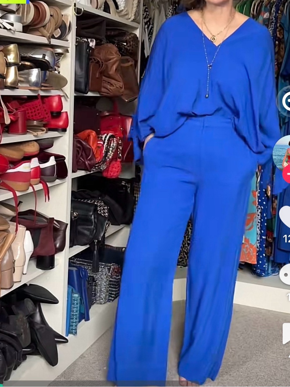 Zara Women's Royal Blue V-Neck Blouse and Wide Leg Pant Set XXL